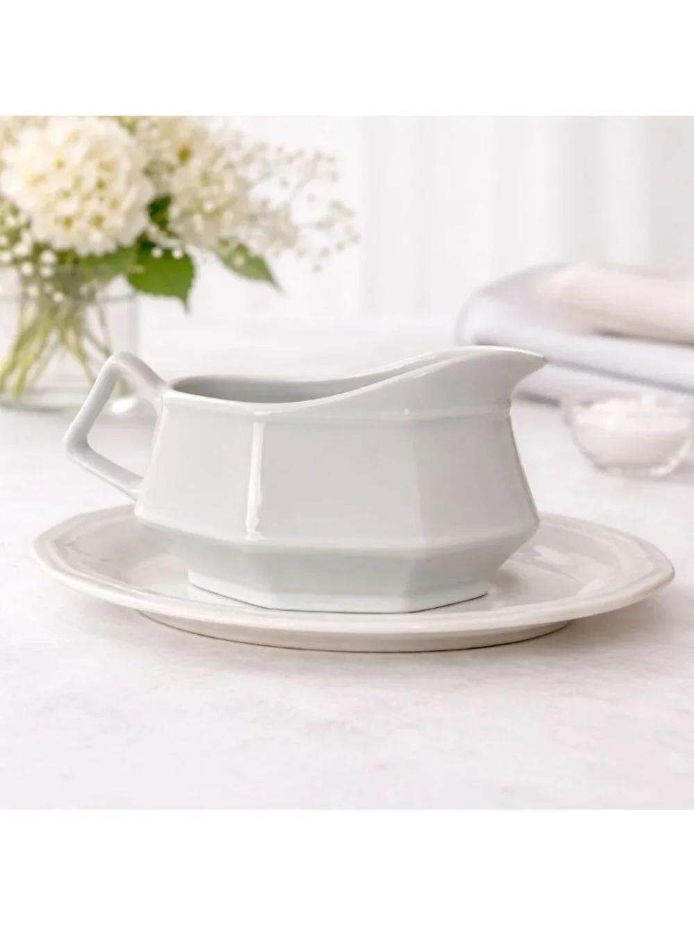 Homer Laughlin Gravy Boat Colonial White Dover Ironstone Octagonal VTG 60s USA